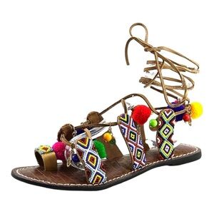 Sam Edelman Lisabeth Lace Up Beaded Pompom Colorful Summer Spring